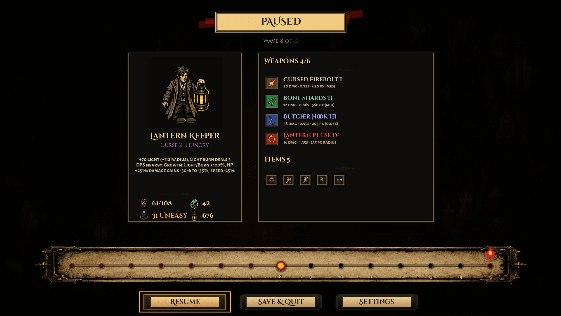 Dreadlight pause menu showing weapons, items, and run state